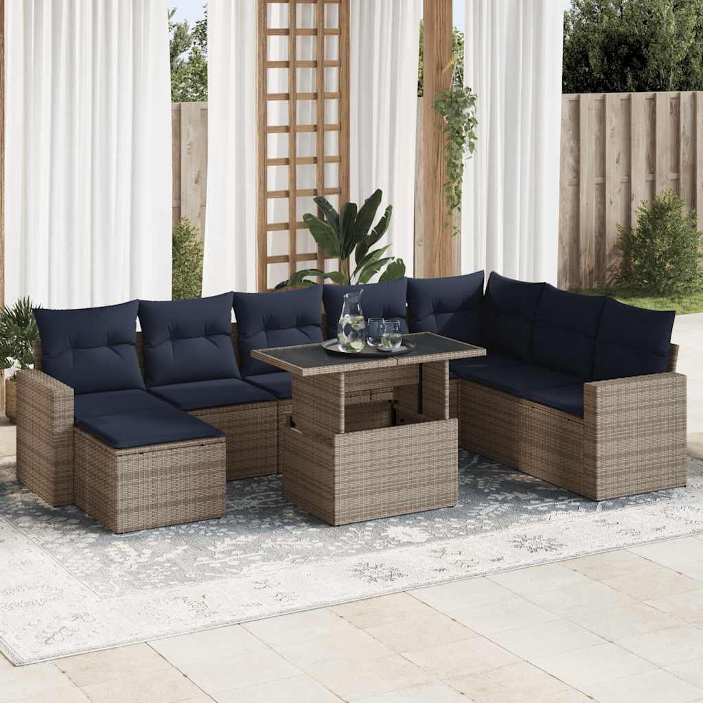 9-teiliges Gartensofa-Set mit Kissen, schwarzes Polyrattan