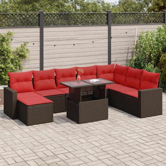 9-teiliges Gartensofa-Set mit Kissen, schwarzes Polyrattan