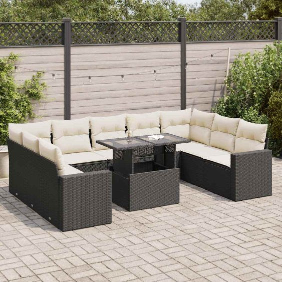 vidaXL 10-tlg. Garten-Sofagarnitur mit Kissen Schwarz Poly Rattan