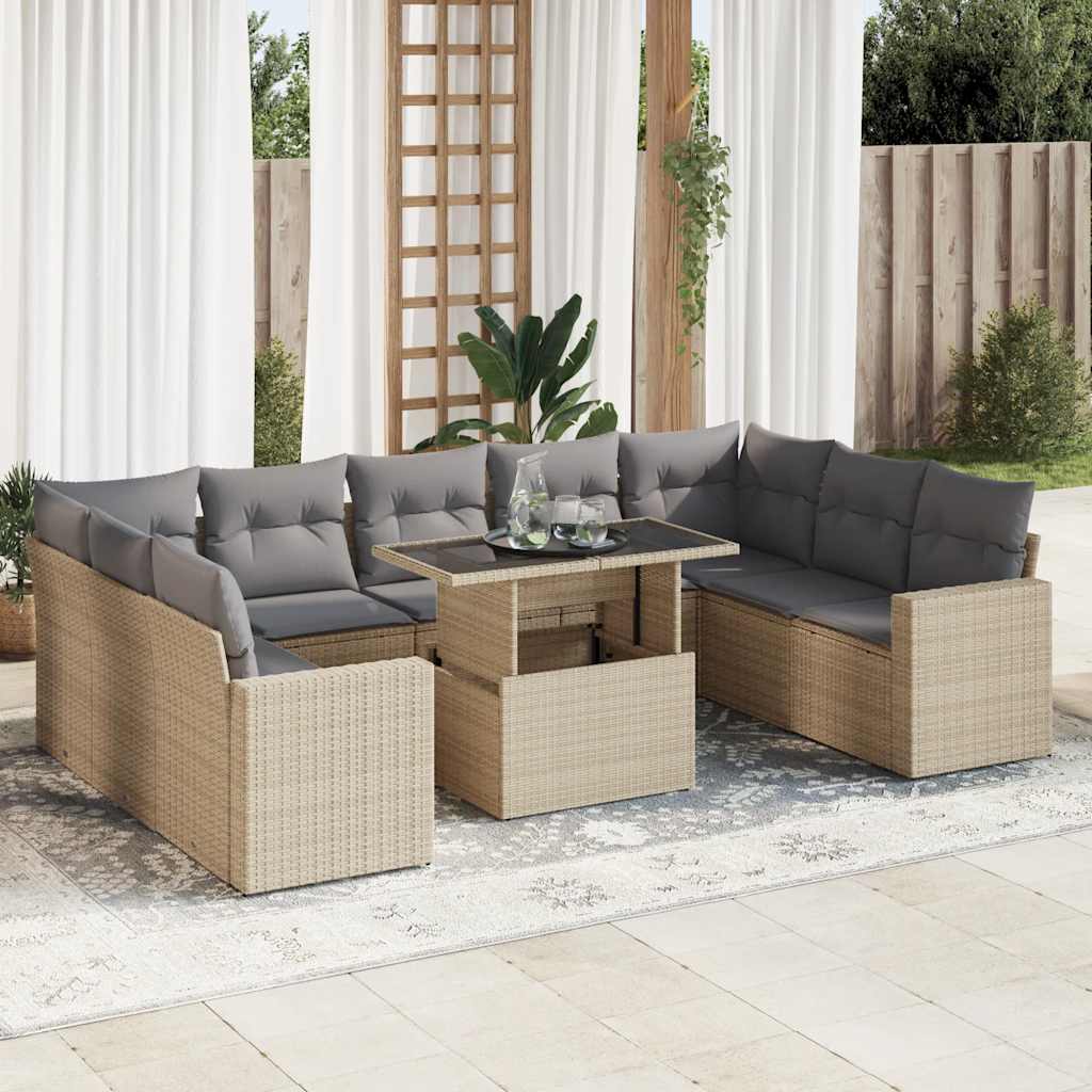 vidaXL 10-tlg. Garten-Sofagarnitur mit Kissen Schwarz Poly Rattan