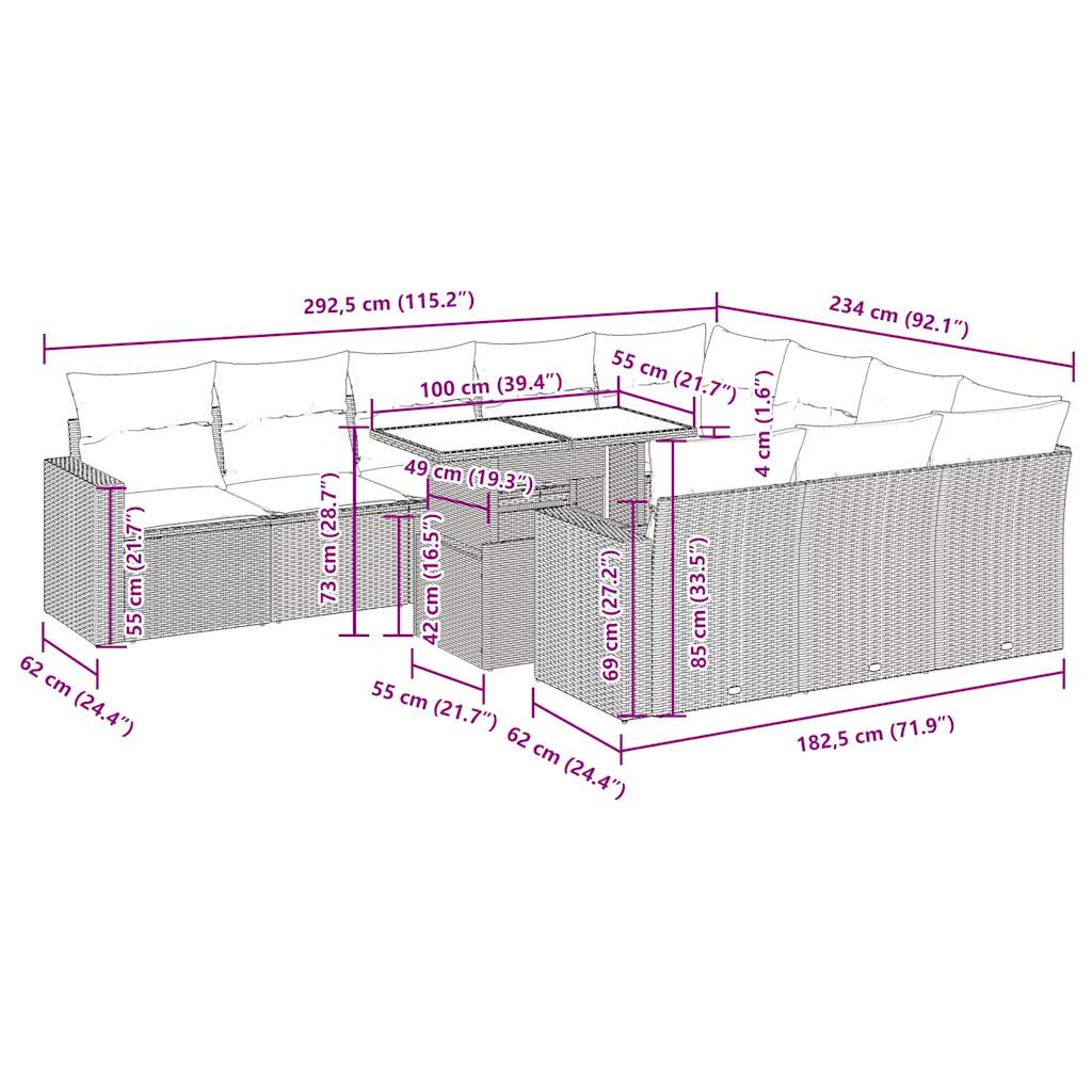 vidaXL 11-tlg. Garten-Sofagarnitur mit Kissen Schwarz Poly Rattan