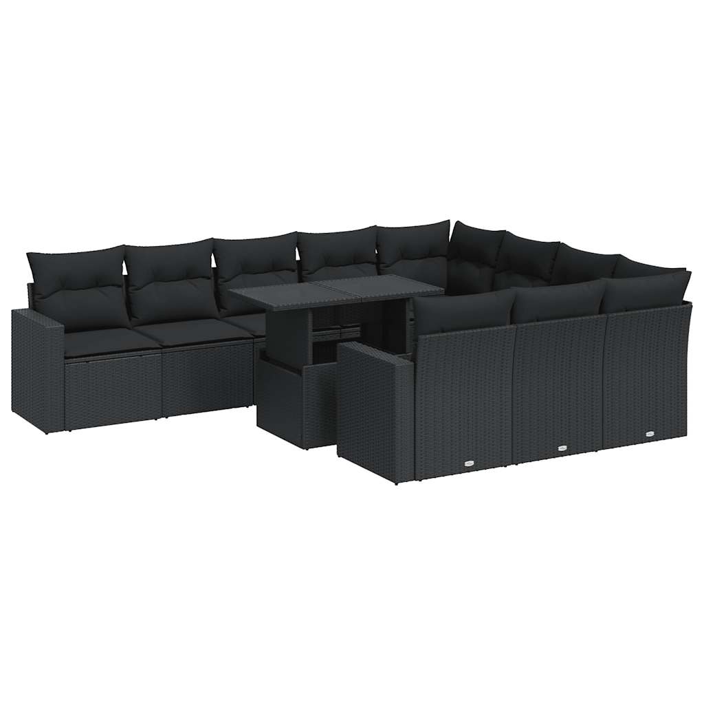 vidaXL 11-tlg. Garten-Sofagarnitur mit Kissen Schwarz Poly Rattan
