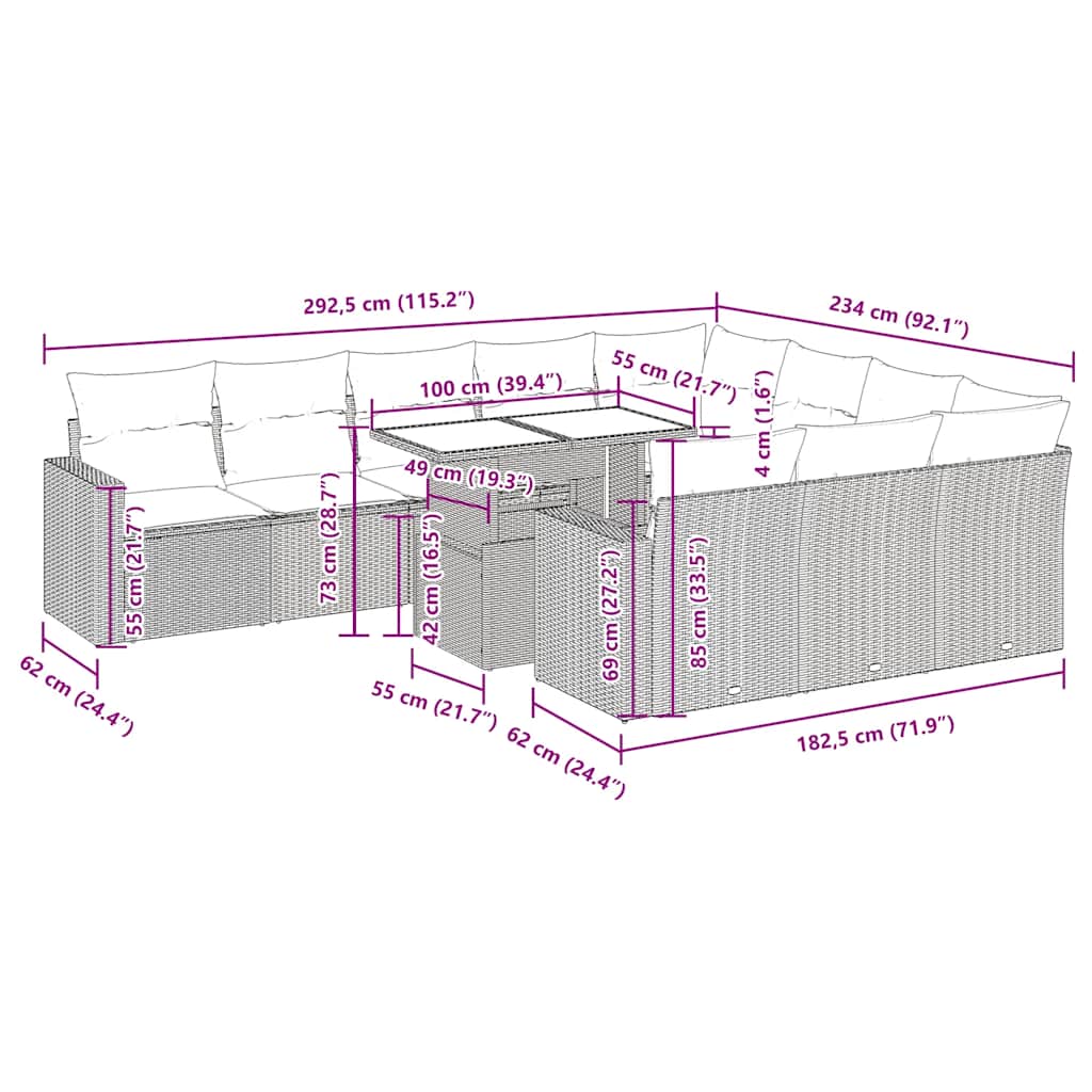 vidaXL 11-tlg. Garten-Sofagarnitur mit Kissen Grau Poly Rattan