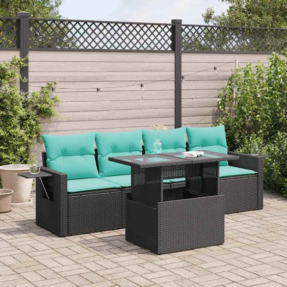5-teiliges Gartensofa-Set mit Kissen, schwarzes Polyrattan