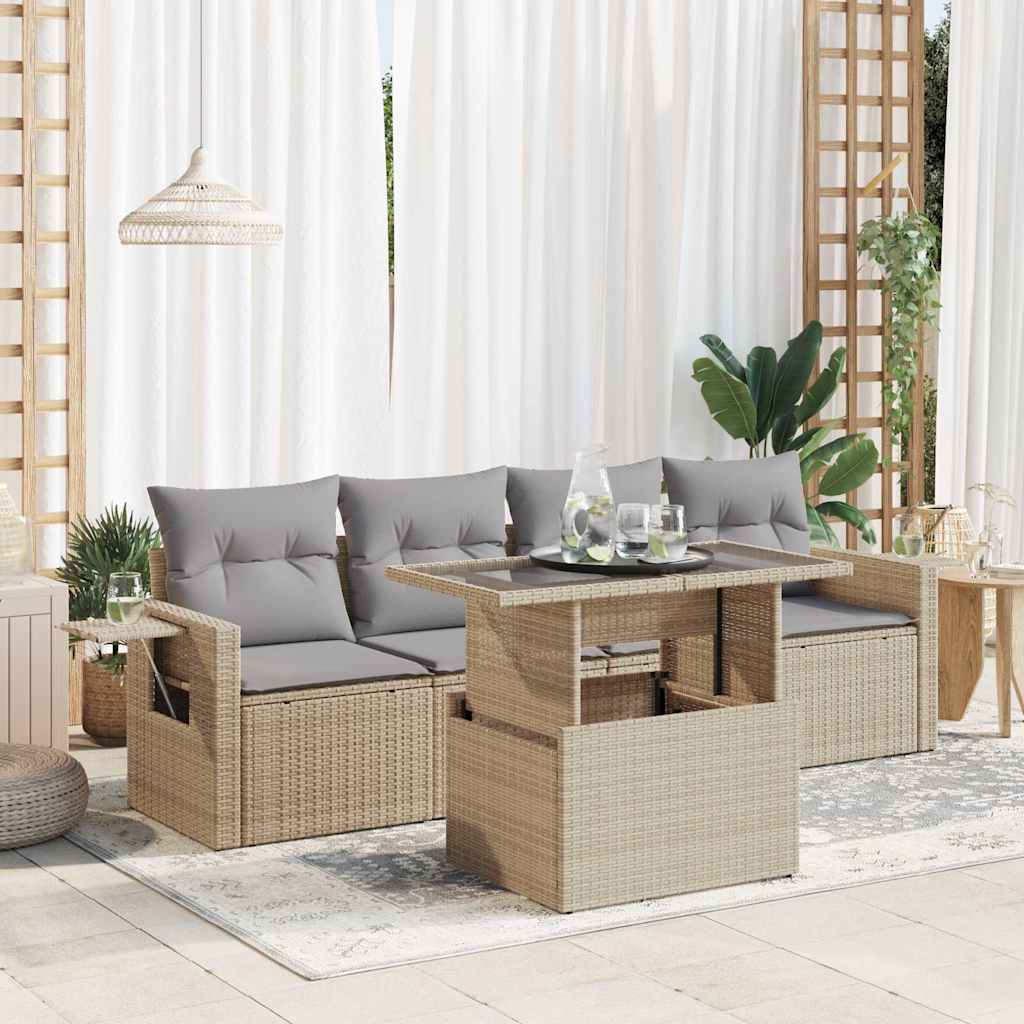 5-tlg. Garten-Sofagarnitur mit Kissen Schwarz Poly Rattan
