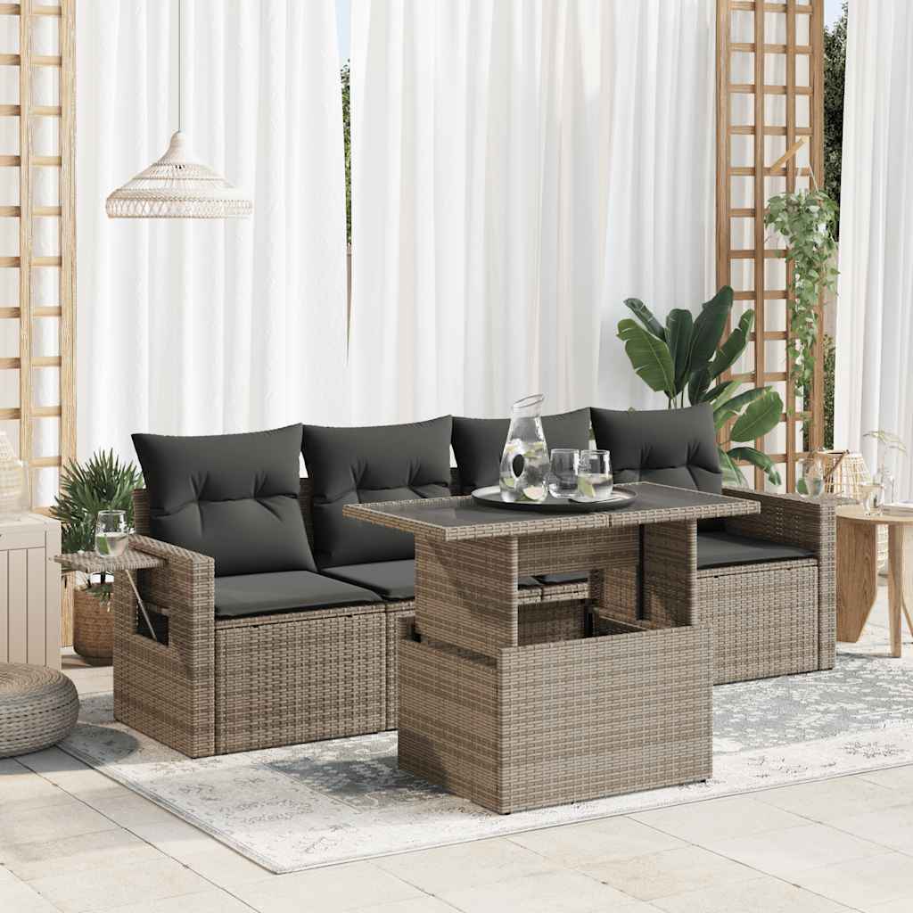 5-tlg. Garten-Sofagarnitur mit Kissen Schwarz Poly Rattan