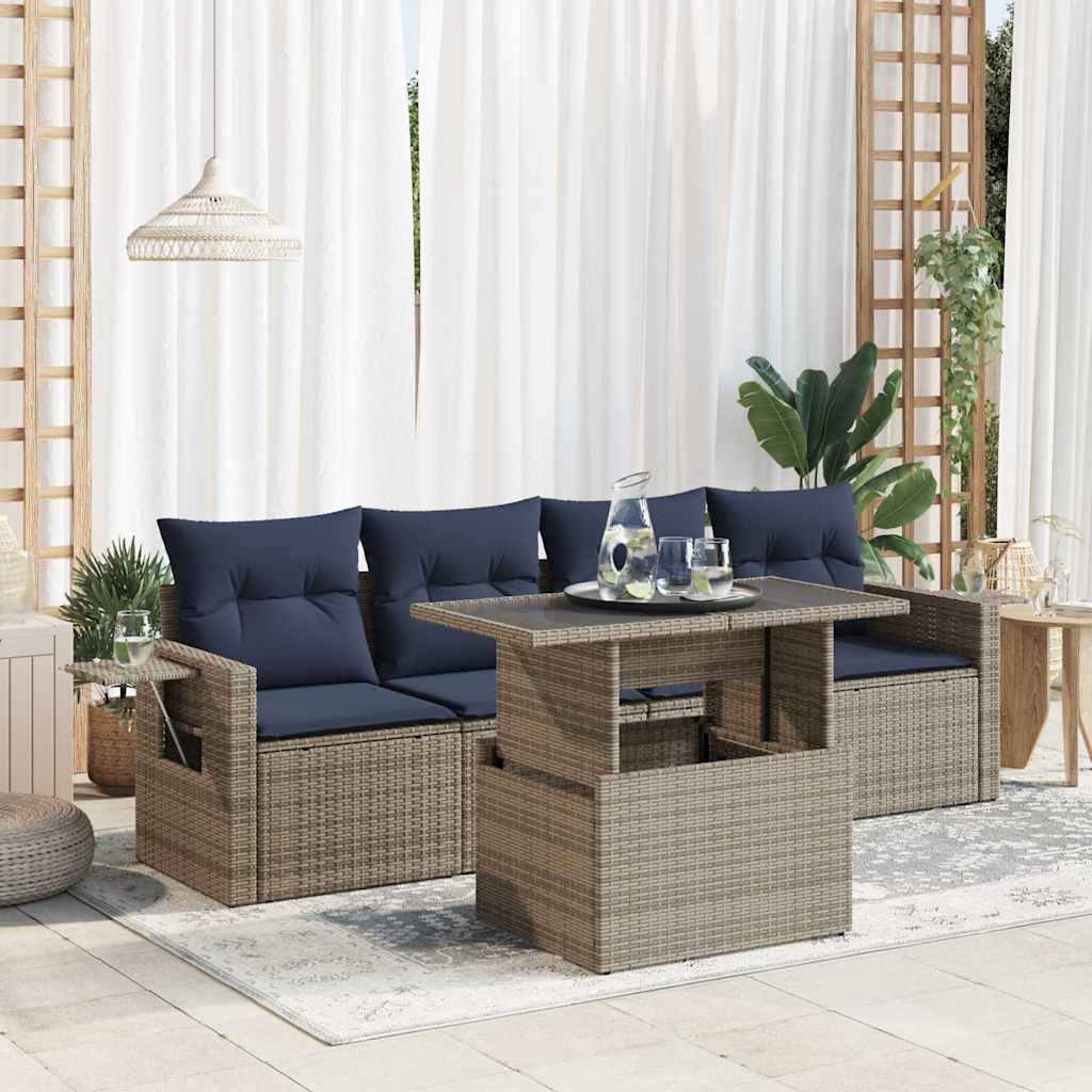 5-teiliges Gartensofa-Set mit Kissen, schwarzes Polyrattan