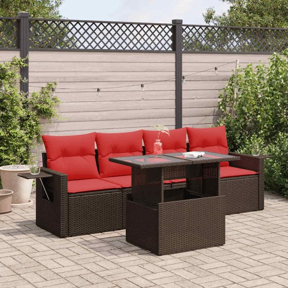 5-teiliges Gartensofa-Set mit Kissen, schwarzes Polyrattan