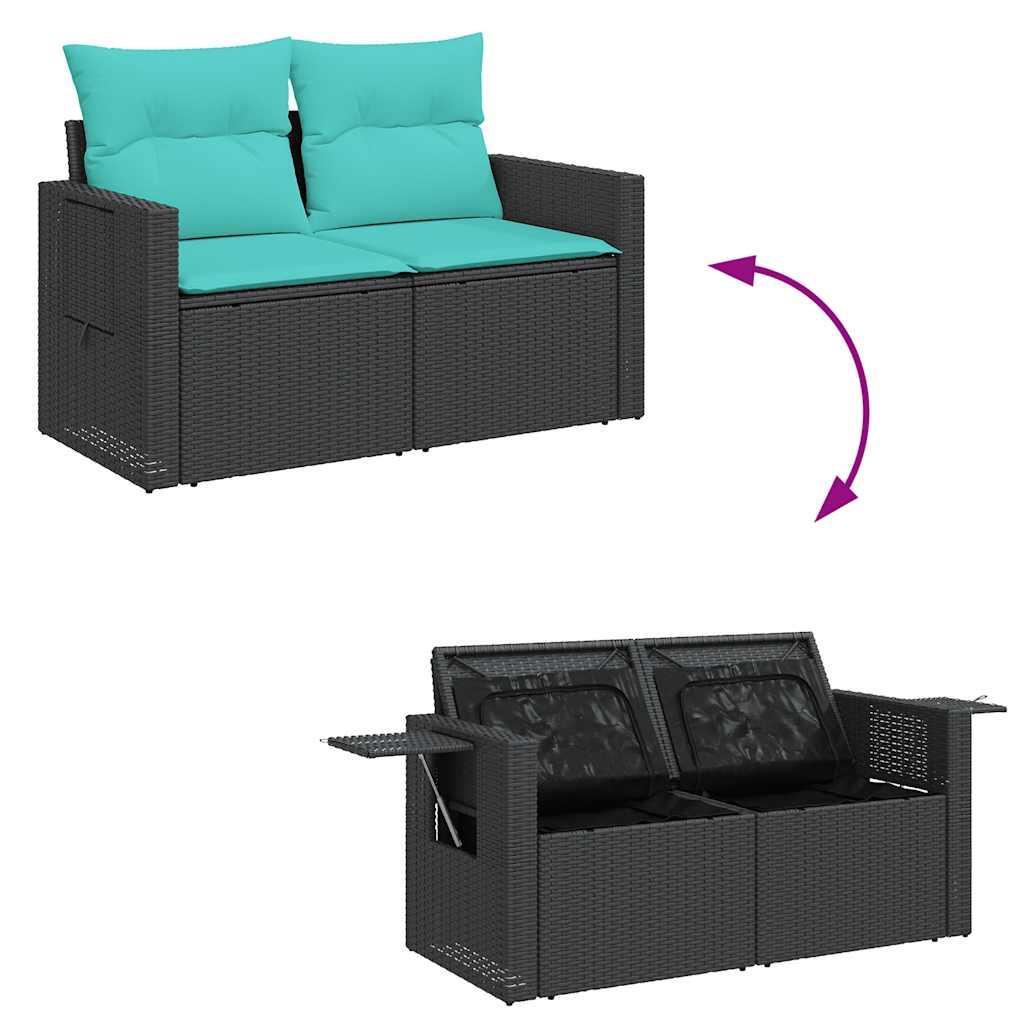 7-tlg. Garten-Sofagarnitur mit Kissen Schwarz Poly Rattan Akazie