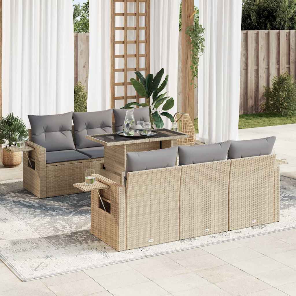 7-tlg. Garten-Sofagarnitur mit Kissen Schwarz Poly Rattan