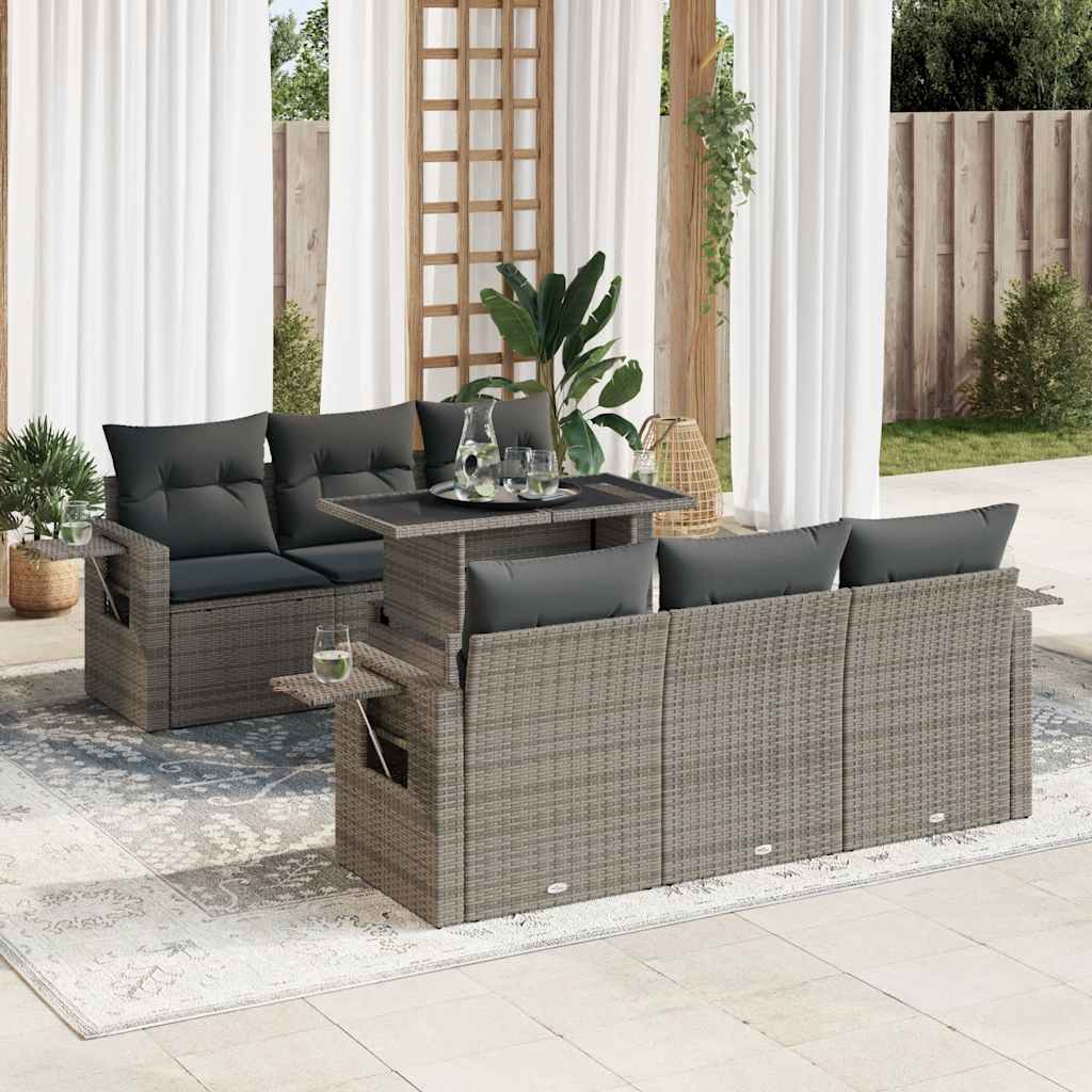 7-tlg. Garten-Sofagarnitur mit Kissen Schwarz Poly Rattan