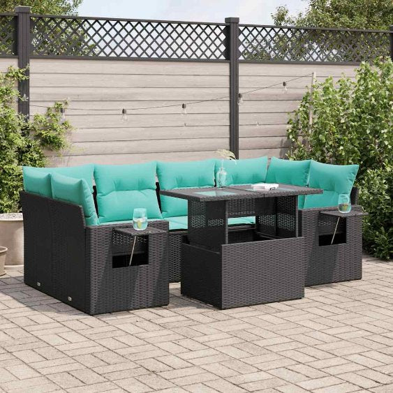 7-teiliges Gartensofa-Set mit Kissen, schwarzes Polyrattan