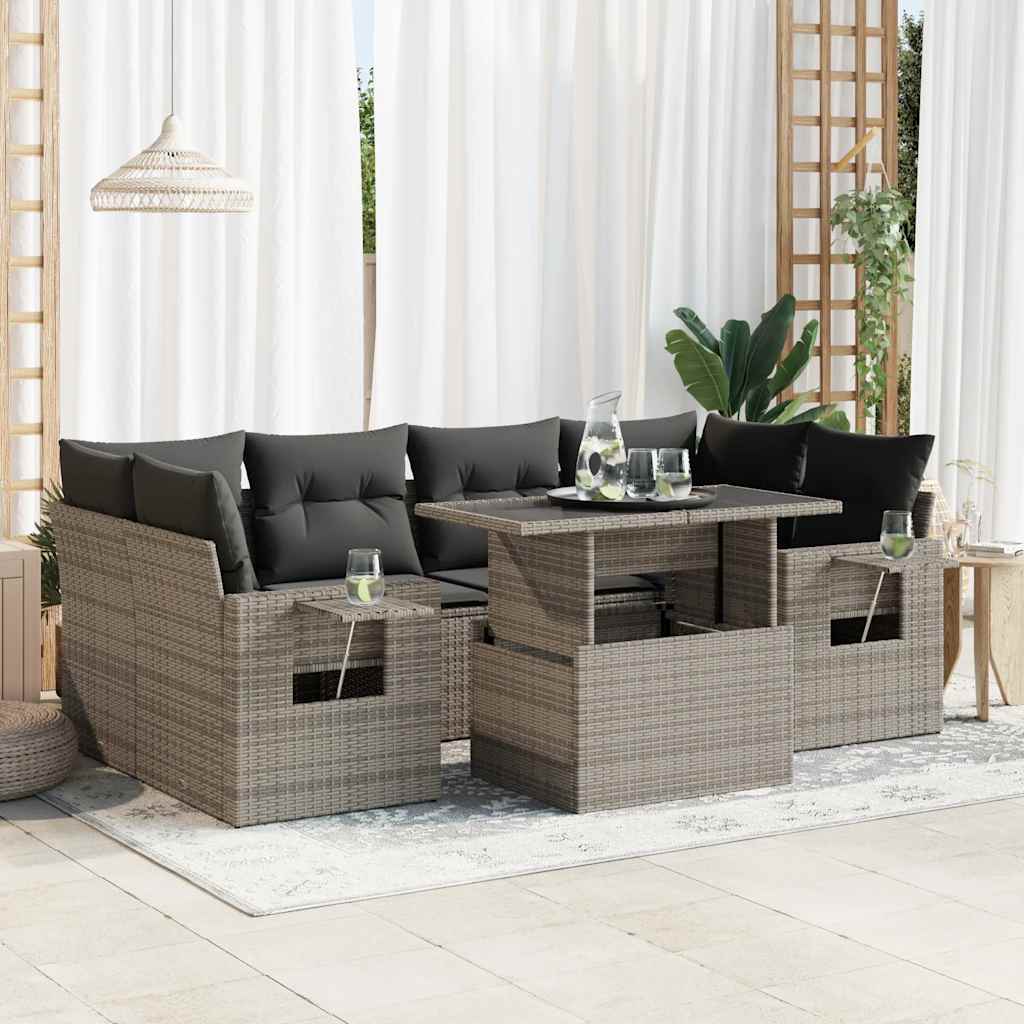 7-tlg. Garten-Sofagarnitur mit Kissen Schwarz Poly Rattan