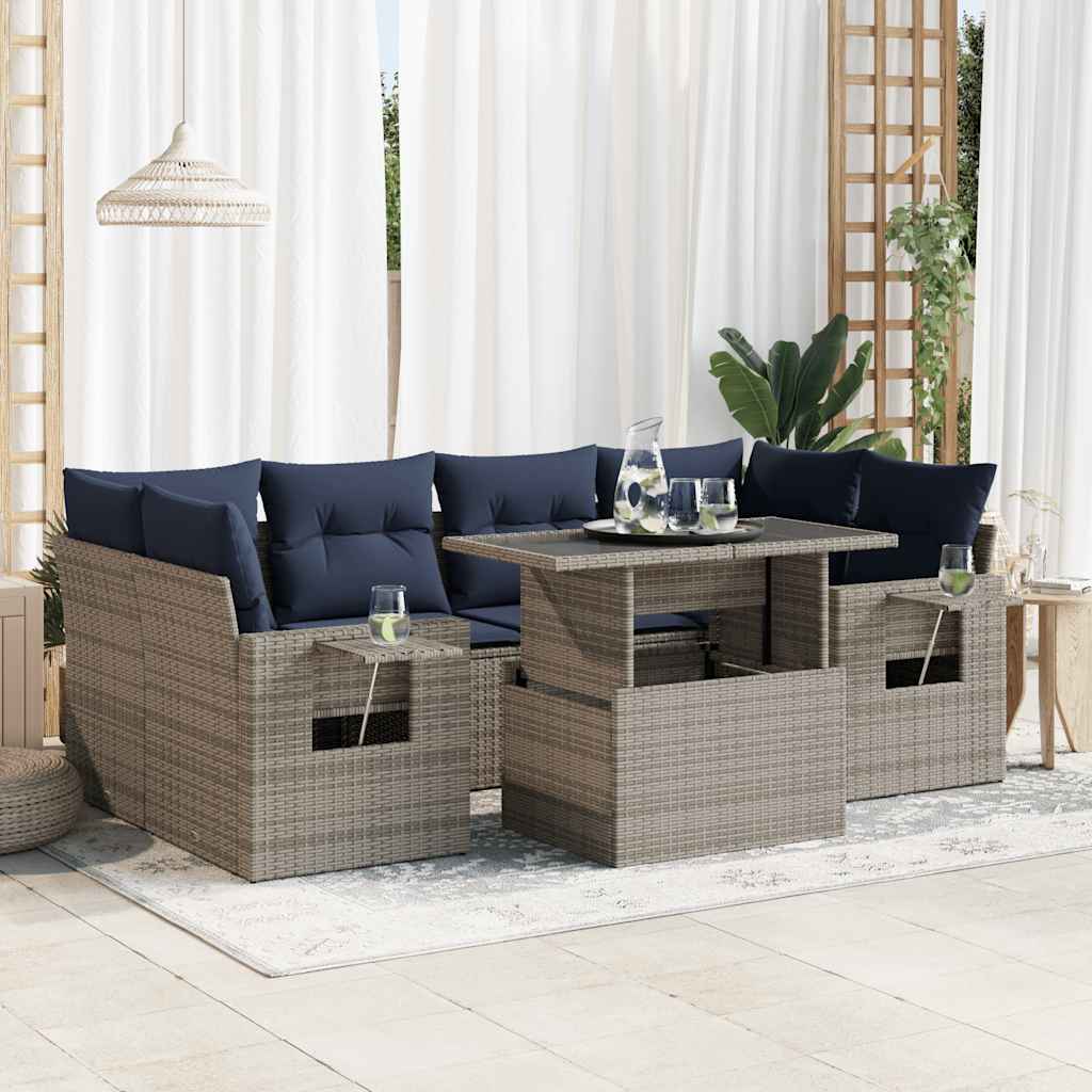 7-teiliges Gartensofa-Set mit Kissen, schwarzes Polyrattan