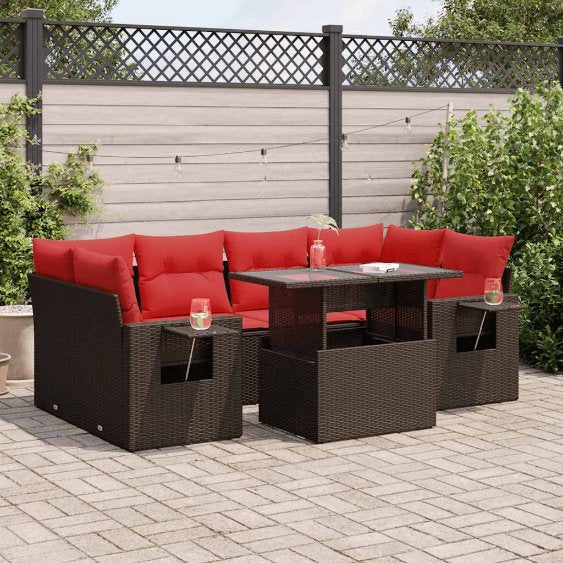 7-teiliges Gartensofa-Set mit Kissen, schwarzes Polyrattan