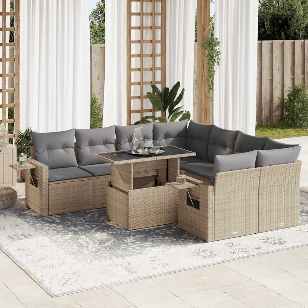 9-tlg. Garten-Sofagarnitur mit Kissen Schwarz Poly Rattan