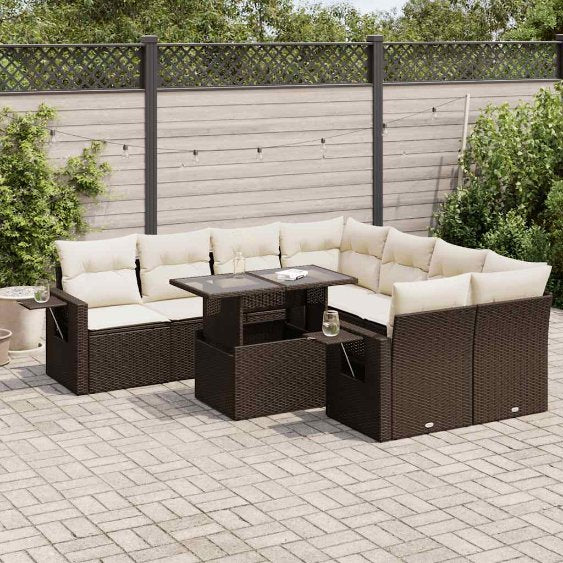 9-tlg. Garten-Sofagarnitur mit Kissen Schwarz Poly Rattan