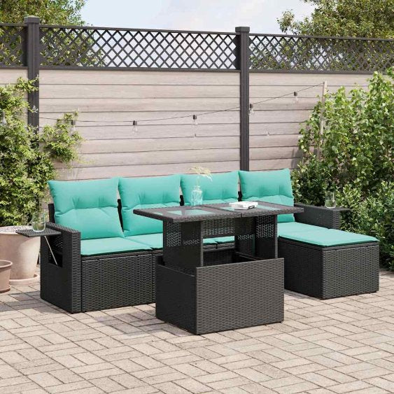 6-teiliges Gartensofa-Set mit Kissen, schwarzes Polyrattan