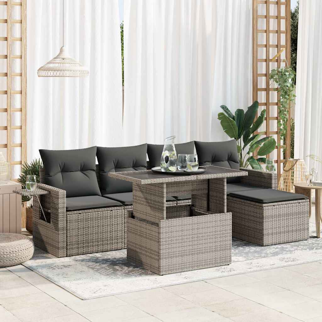 6-tlg. Garten-Sofagarnitur mit Kissen Schwarz Poly Rattan