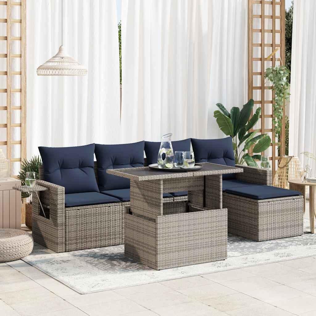 6-teiliges Gartensofa-Set mit Kissen, schwarzes Polyrattan