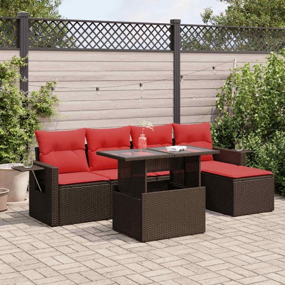 6-teiliges Gartensofa-Set mit Kissen, schwarzes Polyrattan