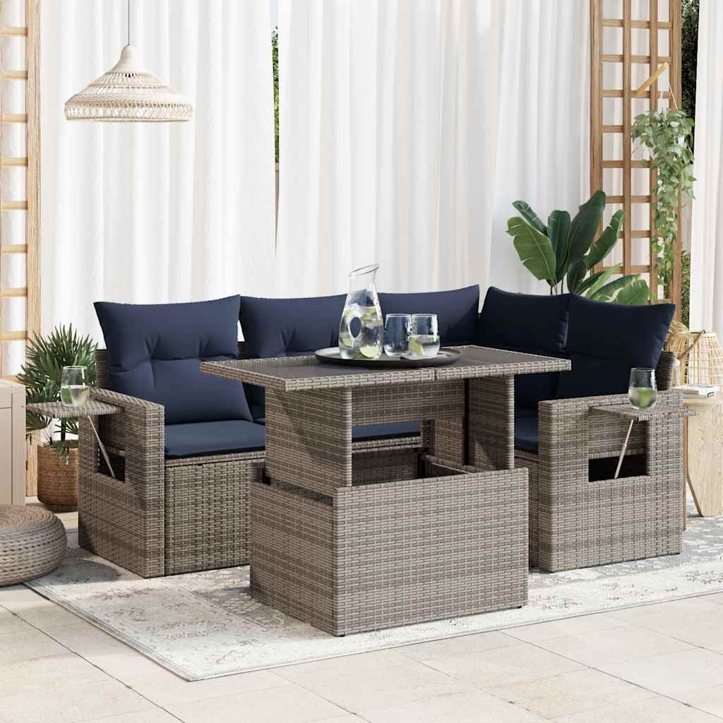 5-teiliges Gartensofa-Set mit Kissen, schwarzes Polyrattan