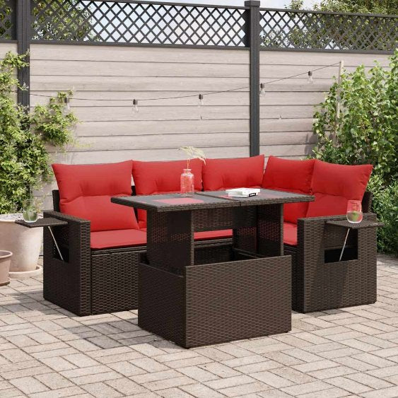 5-teiliges Gartensofa-Set mit Kissen, schwarzes Polyrattan