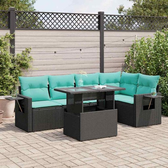 6-teiliges Gartensofa-Set mit Kissen, schwarzes Polyrattan