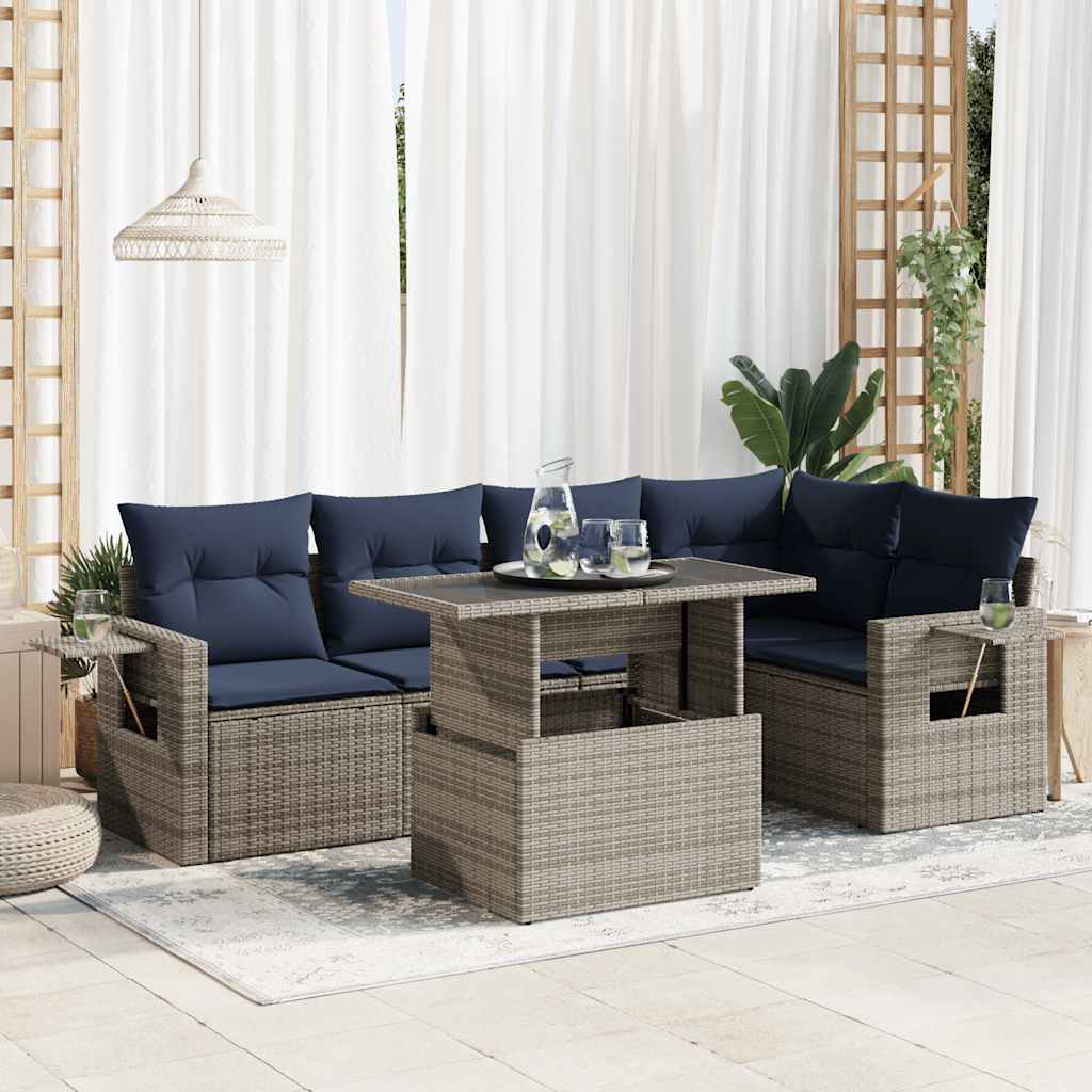 6-teiliges Gartensofa-Set mit Kissen, schwarzes Polyrattan