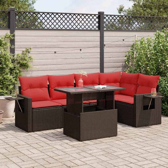 6-teiliges Gartensofa-Set mit Kissen, schwarzes Polyrattan