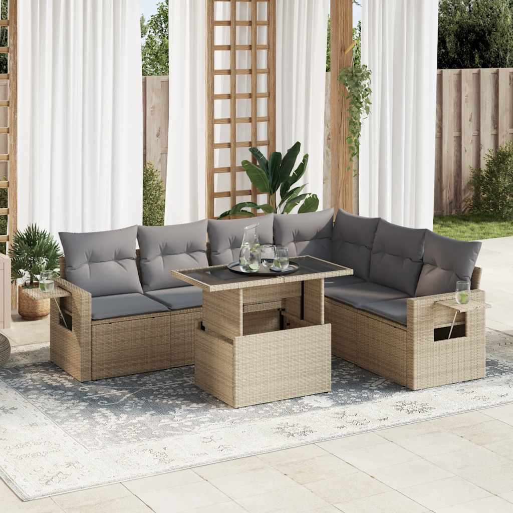 7-tlg. Garten-Sofagarnitur mit Kissen Schwarz Poly Rattan