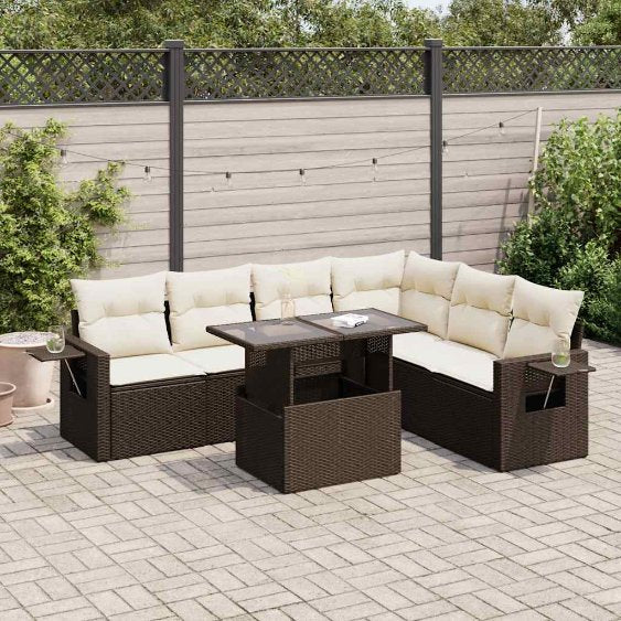 7-tlg. Garten-Sofagarnitur mit Kissen Schwarz Poly Rattan