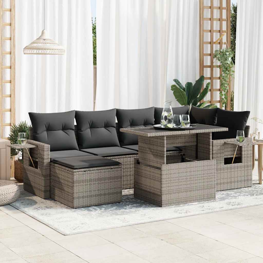 7-tlg. Garten-Sofagarnitur mit Kissen Schwarz Poly Rattan