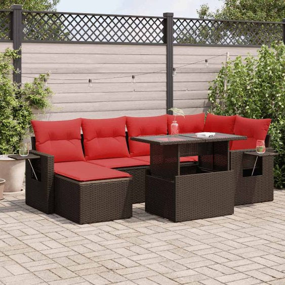 7-teiliges Gartensofa-Set mit Kissen, schwarzes Polyrattan
