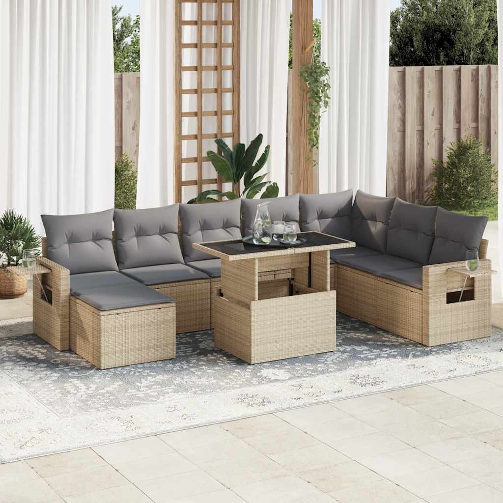 9-tlg. Garten-Sofagarnitur mit Kissen Schwarz Poly Rattan