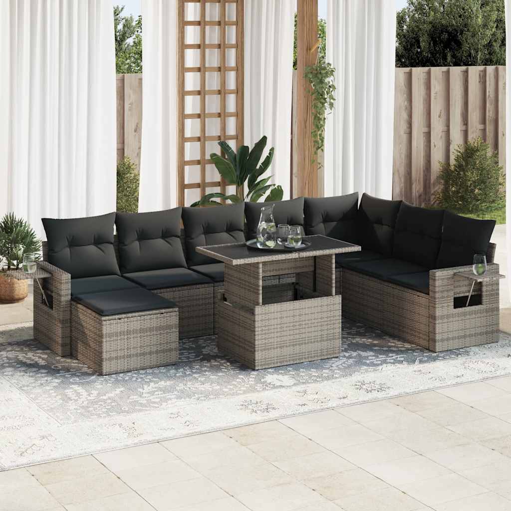 9-tlg. Garten-Sofagarnitur mit Kissen Schwarz Poly Rattan
