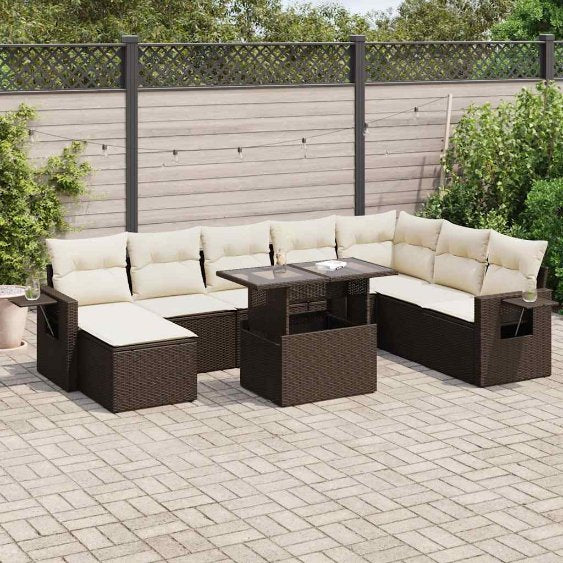 9-tlg. Garten-Sofagarnitur mit Kissen Schwarz Poly Rattan