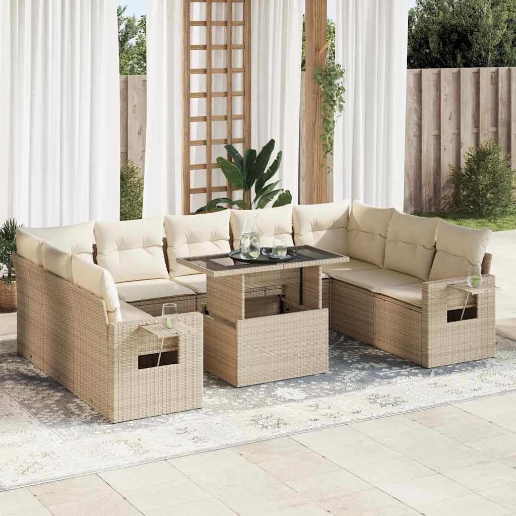 vidaXL 10-tlg. Garten-Sofagarnitur mit Kissen Schwarz Poly Rattan