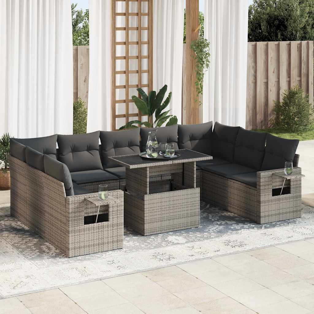 vidaXL 10-tlg. Garten-Sofagarnitur mit Kissen Schwarz Poly Rattan