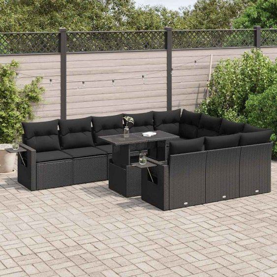 vidaXL 11-tlg. Garten-Sofagarnitur mit Kissen Schwarz Poly Rattan