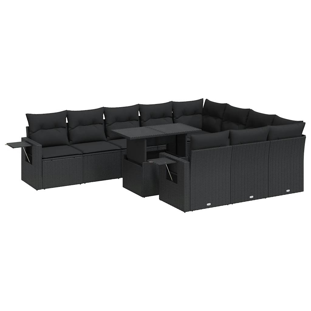 vidaXL 11-tlg. Garten-Sofagarnitur mit Kissen Schwarz Poly Rattan