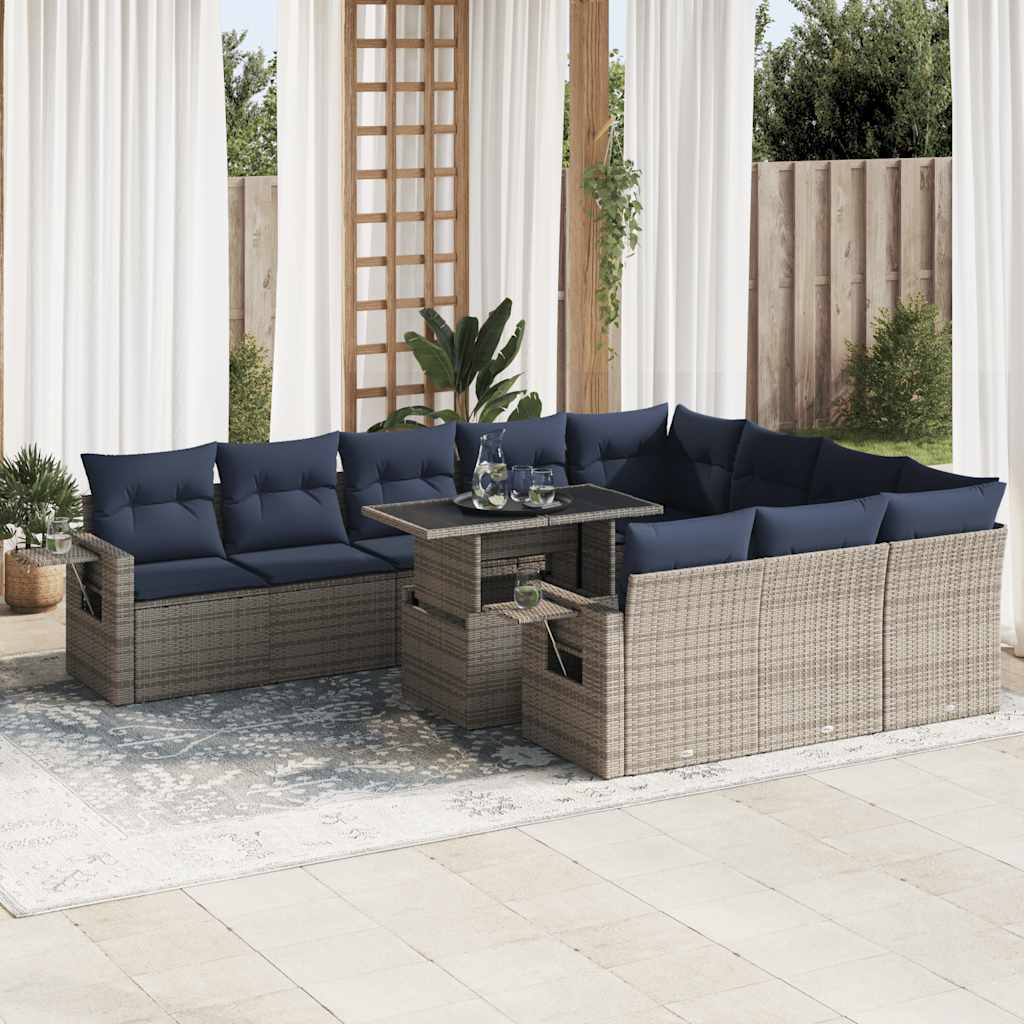 vidaXL 11-tlg. Garten-Sofagarnitur mit Kissen Grau Poly Rattan Akazie