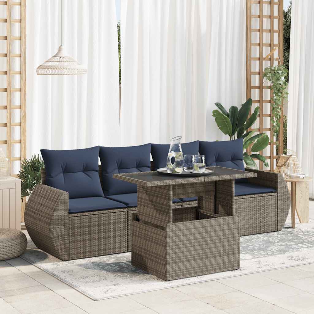 5-teiliges Gartensofa-Set mit Kissen, schwarzes Polyrattan
