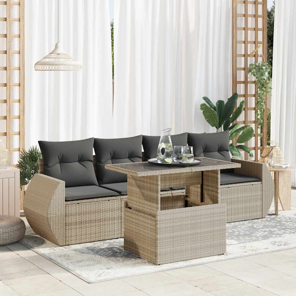 5-tlg. Garten-Sofagarnitur mit Kissen Schwarz Poly Rattan