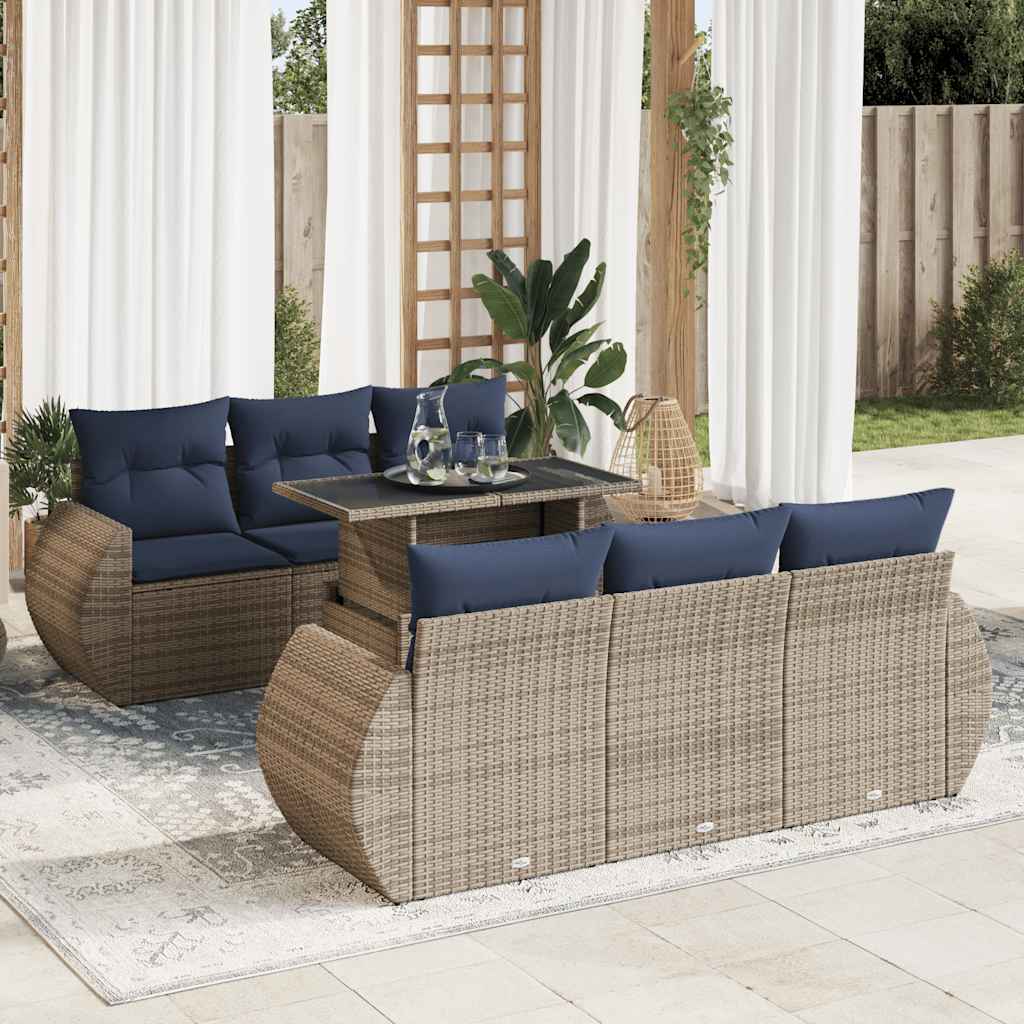7-tlg. Garten-Sofagarnitur mit Kissen Schwarz Poly Rattan