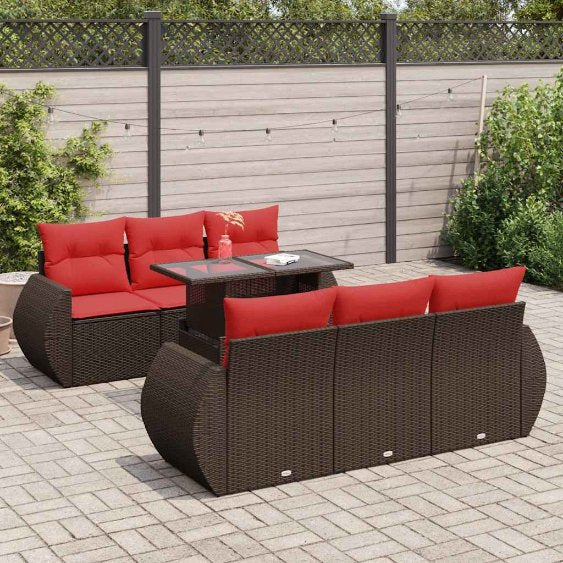 7-tlg. Garten-Sofagarnitur mit Kissen Schwarz Poly Rattan
