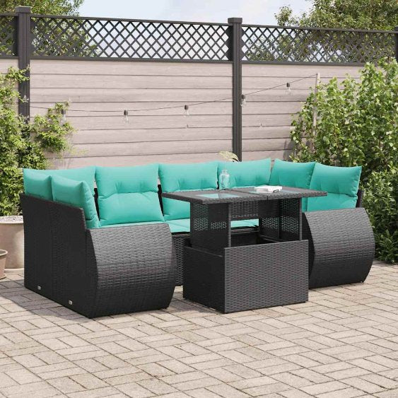 7-teiliges Gartensofa-Set mit Kissen, schwarzes Polyrattan