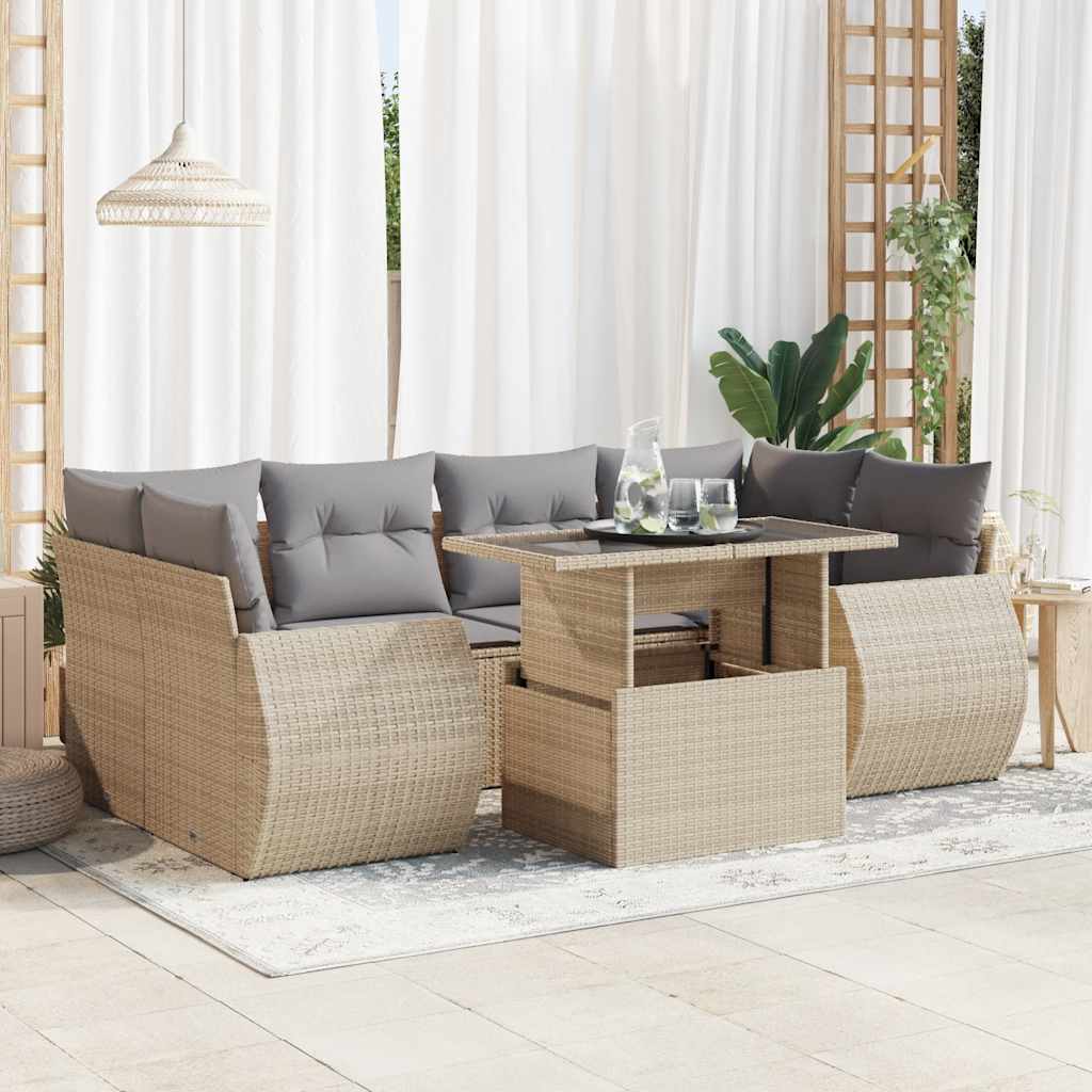 7-tlg. Garten-Sofagarnitur mit Kissen Schwarz Poly Rattan