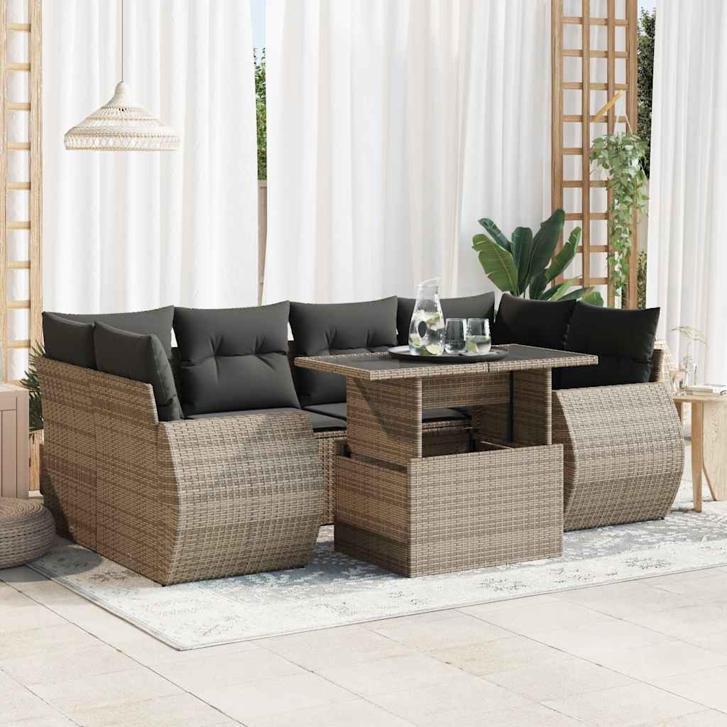 7-tlg. Garten-Sofagarnitur mit Kissen Schwarz Poly Rattan