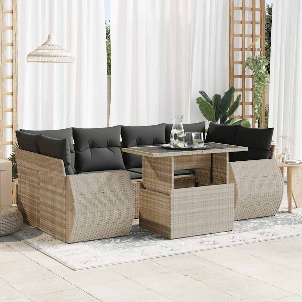 7-tlg. Garten-Sofagarnitur mit Kissen Schwarz Poly Rattan